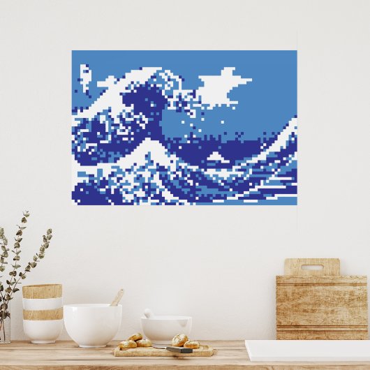 Pixel Tsunami Blue met 8 bits Pixel Art Poster (Keuken)