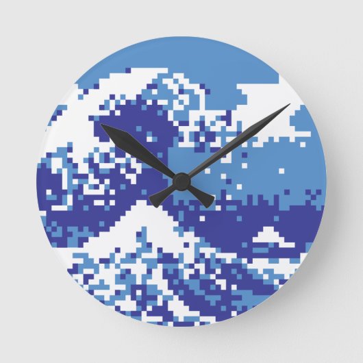 Pixel Tsunami Blue met 8 bits Pixel Art Ronde Klok (Voorkant)