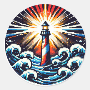 Pixel Vuurtoren in Stormachtige Zeeen Ronde Sticker