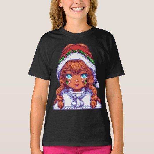 Pixelart meisje dragen Santa hoed T-shirt (Voorkant)