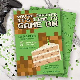 Pixelated Gamer Cake Kids Verjaardag Uitnodiging