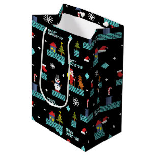 Pixelated Merry Christmas Pattern - Retro Design Medium Cadeauzakje