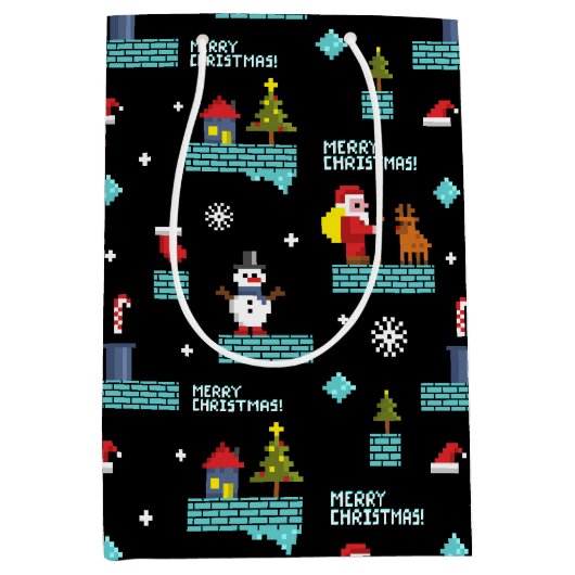 Pixelated Merry Christmas Pattern - Retro Design Medium Cadeauzakje (Voorkant)