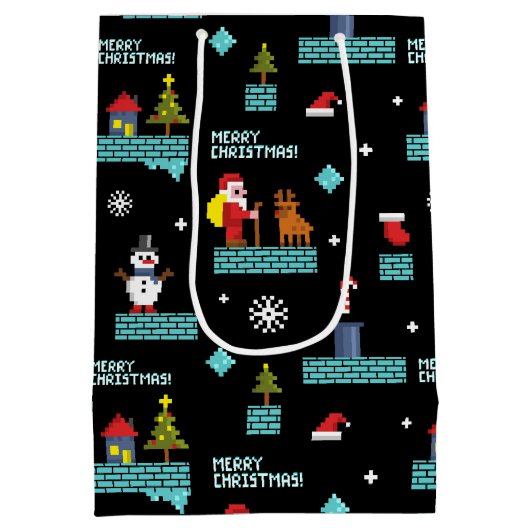 Pixelated Merry Christmas Pattern - Retro Design Medium Cadeauzakje (Achterkant)