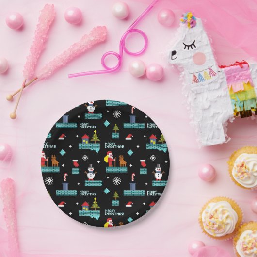 Pixelated Merry Christmas Pattern - Retro Design Papieren Bordje (Feest)