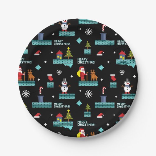 Pixelated Merry Christmas Pattern - Retro Design Papieren Bordje (Voorkant)