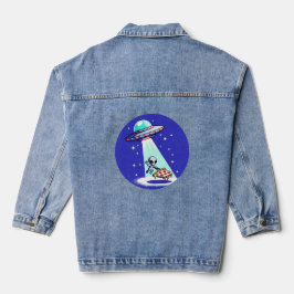 Pixelated UFO Pizza Avontuur - Alien Art Denim Jacket