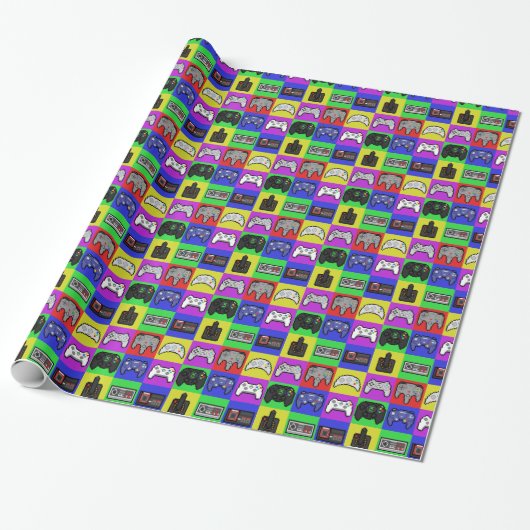 Pixelcontrollerpatroon voor gamerregenboogretro cadeaupapier (Uitgerold)