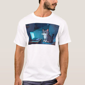 Pixelkat Doomscrolling op Laptop – Late Night Meme T-shirt