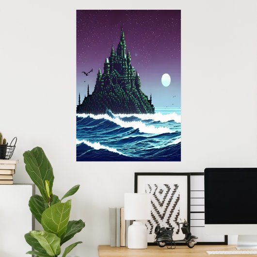 Pixelkunst, Castle on rock in oceano | AI Art. Poster (Thuiskantoor)