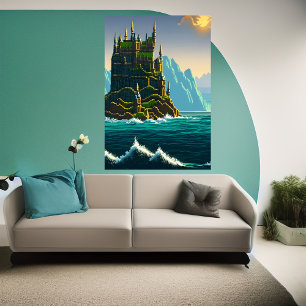 Pixelkunst, Castle on rock in zee   AI Art. Poster