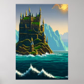 Pixelkunst, Castle on rock in zee | AI Art. Poster (Voorkant)