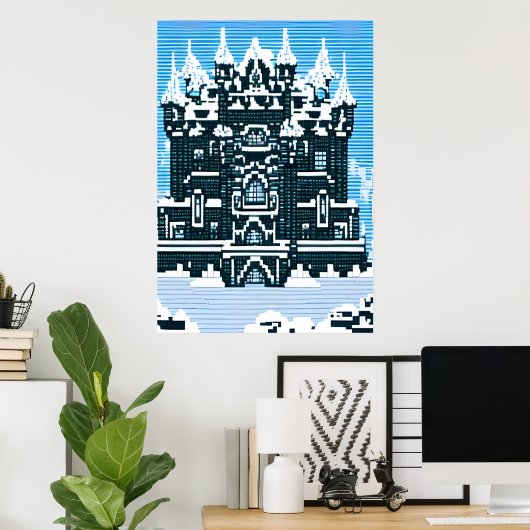 Pixelkunst, kasteel en sneeuw | AI Art Poster (Thuiskantoor)