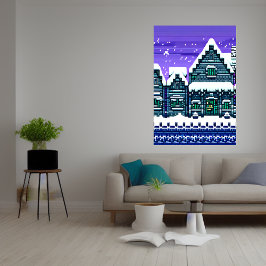 Pixelkunst, stad in sneeuw | AI Art Poster