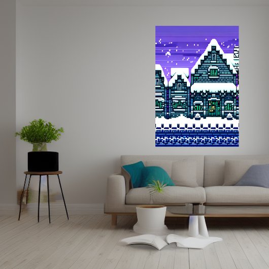 Pixelkunst, stad in sneeuw | AI Art Poster