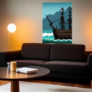 Pixelkunst, zeilboot op de grote oceaan   AI Art. Poster