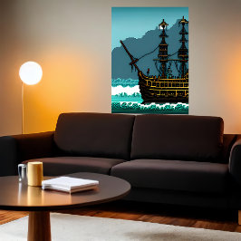 Pixelkunst, zeilboot op de grote oceaan | AI Art. Poster