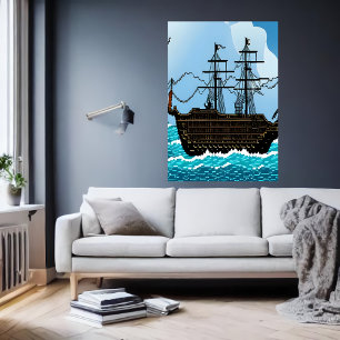Pixelkunst, zeilboot op het grote zee   AI Art. Poster