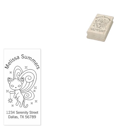 Pixie Cat - Fairy Wings Kat Address Rubberstempel (Gestempeld)