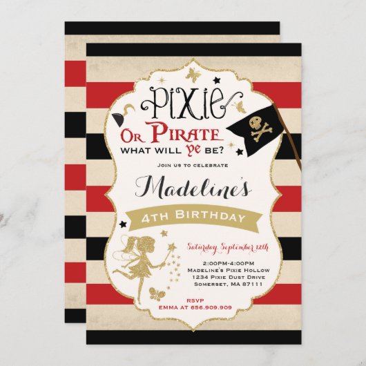 Pixie en Pirate Birthday Invitation fairy Pirate Kaart (Voorkant / Achterkant)