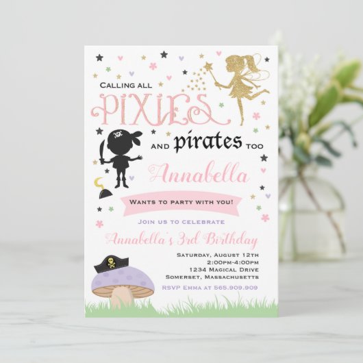 Pixie en Pirate Birthday Invitation fairy Pirate Kaart (Staand voorkant)