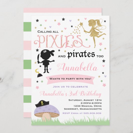 Pixie en Pirate Birthday Invitation fairy Pirate Kaart (Voorkant / Achterkant)