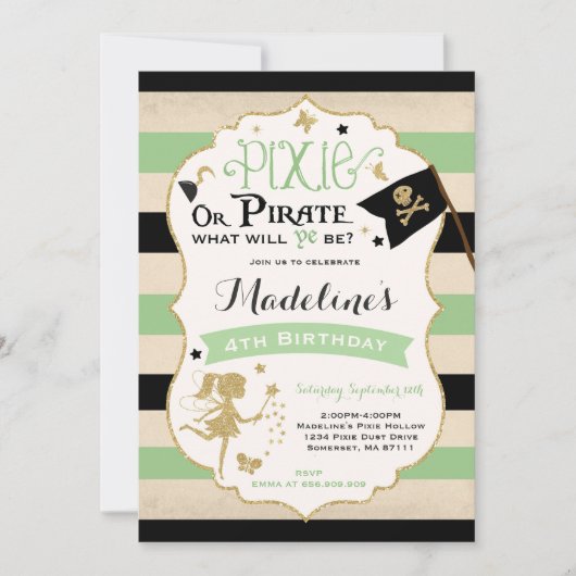 Pixie Et Pirate Invitation Anniversaire Fée Pirate (Devant)
