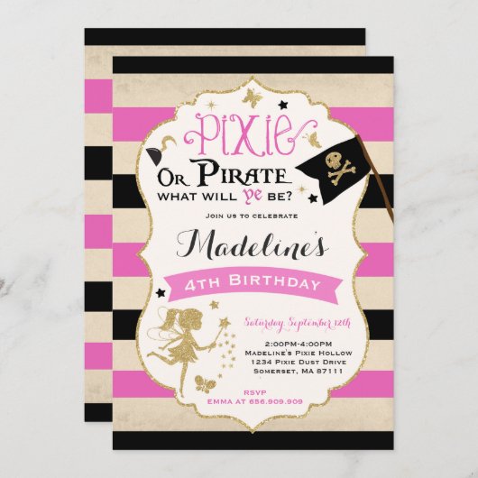 Pixie Et Pirate Invitation D'Anniversaire Pirate F (Devant / Derrière)