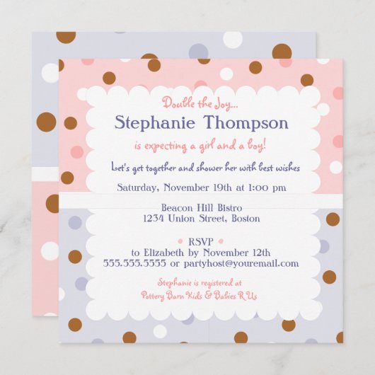 Pixie Polka Dot Twins Baby shower Invitation Kaart (Voorkant / Achterkant)