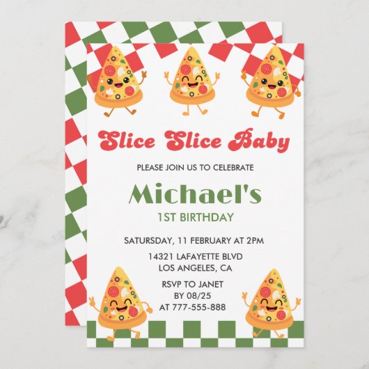 Pizza 1e Verjaardag Uitnodigingen | Modern Pizza P (Voorkant / Achterkant)