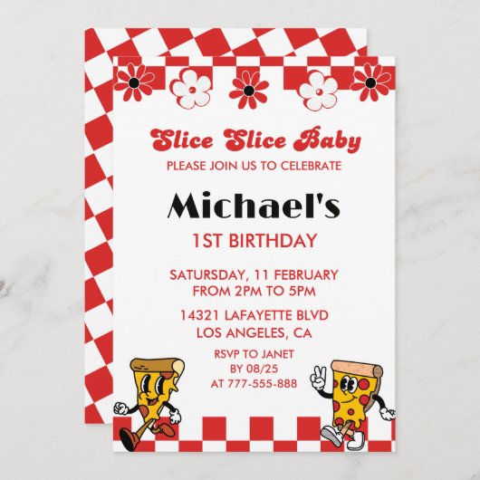 Pizza 1er Anniversaire Invitations Slice slice béb (Devant / Derrière)