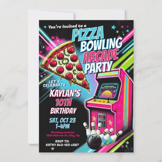 Pizza Arcade Bowling Party Uitnodiging voor kinder (Voorkant)