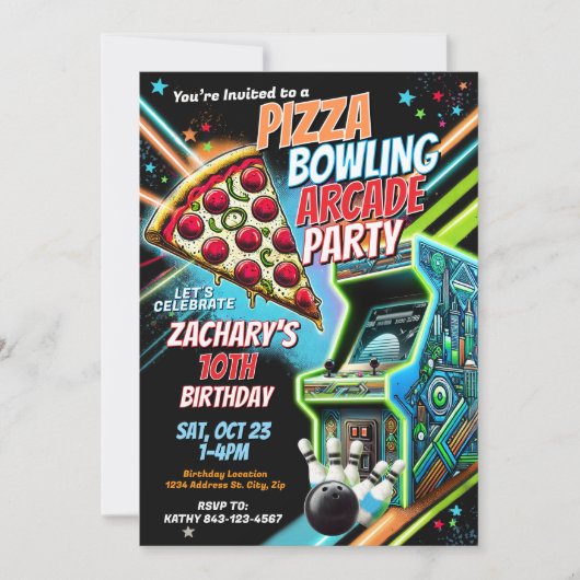 Pizza Arcade Bowling Party Uitnodiging voor kinder (Voorkant)