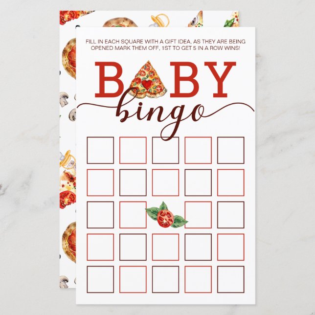 Pizza Baby shower Bingo Game Kaart | partijactivit (Voorkant / Achterkant)