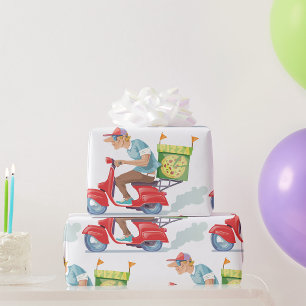 Pizza bezorger op rode scooter cadeaupapier