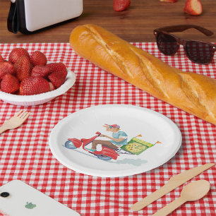 Pizza bezorger op rode scooter papieren bordje