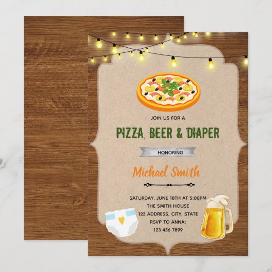 Pizza bière couche douche invitation (Devant / Derrière)