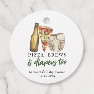 Pizza, brouwsel en luiers te Baby shower Bedankjes Labels