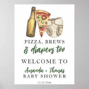 Pizza, brouwsel en luiers te Baby shower Poster