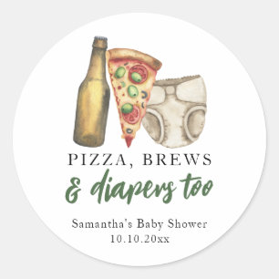 Pizza, brouwsel en luiers te Baby shower Ronde Sticker