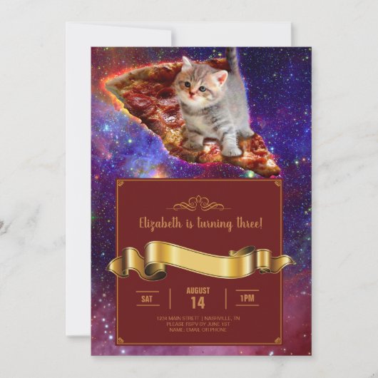 Pizza Cat in Space Funny Invitation Kaart (Voorkant)