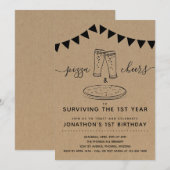 Pizza & Cheers & Beers Birthday Party 1st Birthday Kaart (Voorkant / Achterkant)