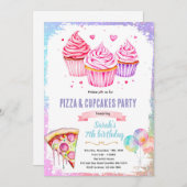Pizza cupcake girl theme invite kaart (Voorkant / Achterkant)