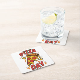 Pizza Day – Leuke Pepperoni Pizza Slice Design Vierkante Kartonnen Onderzetter