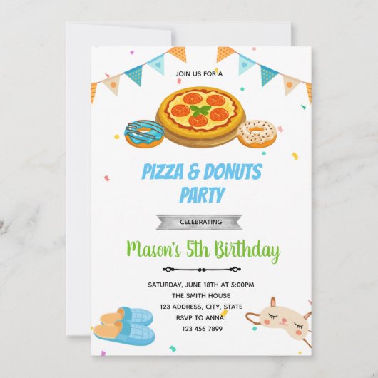 Pizza donuts garçon somnolent invitation (Devant)