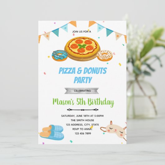 Pizza donuts garçon somnolent invitation (Debout devant)