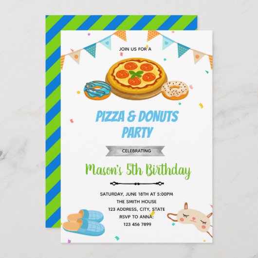 Pizza donuts jongen sleepover uitnodiging (Voorkant / Achterkant)