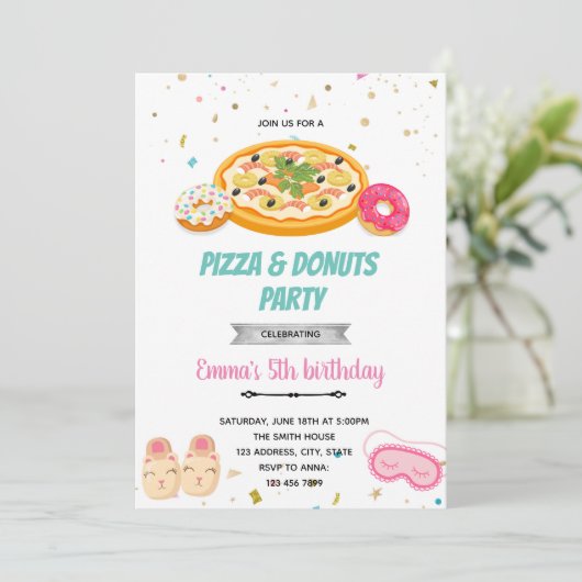 Pizza donuts meisje sluimer uitnodiging (Staand voorkant)