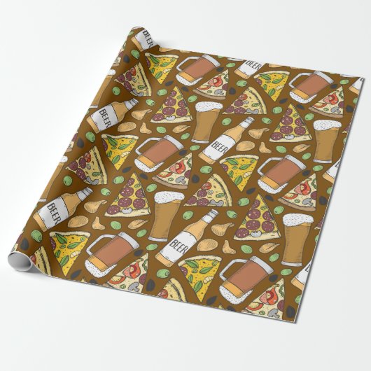 Pizza en Beer Tiled Pattern Cadeaupapier (Uitgerold)