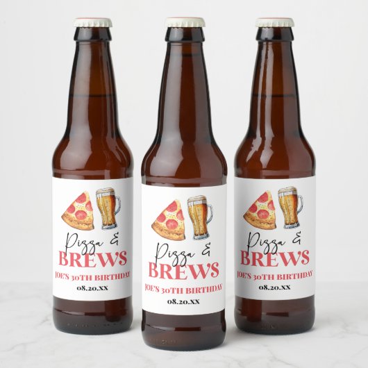 Pizza en brouwt Bier Glas Verjaardagsfeest Bier Etiket (Flessen)